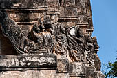 Thailand - Old Sukhothai - Wat Si Sawai. Details of stuccoed carvings of the Khmer style corncob prangs. 